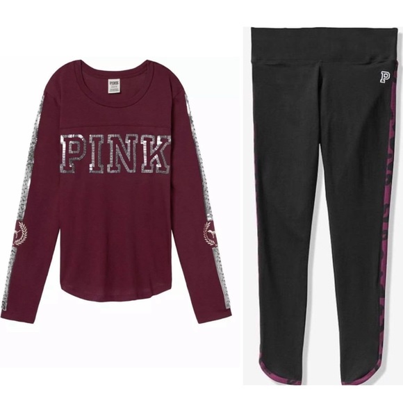 VS PINK Bling Maroon Long Sleeve Tee & Legging SET - Picture 1 of 16